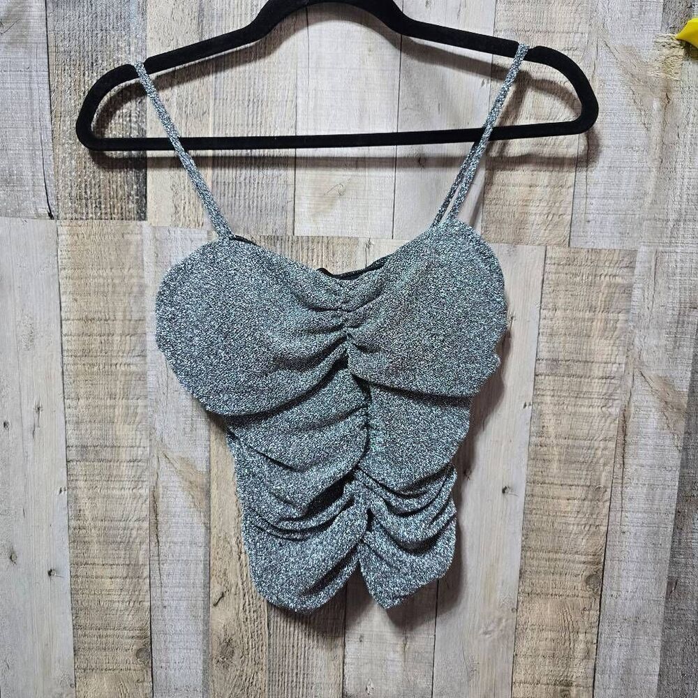 Fashion Magazine Vintage Y2K Silver Sparkly Rushed Bodycon Crop Top Medium Club